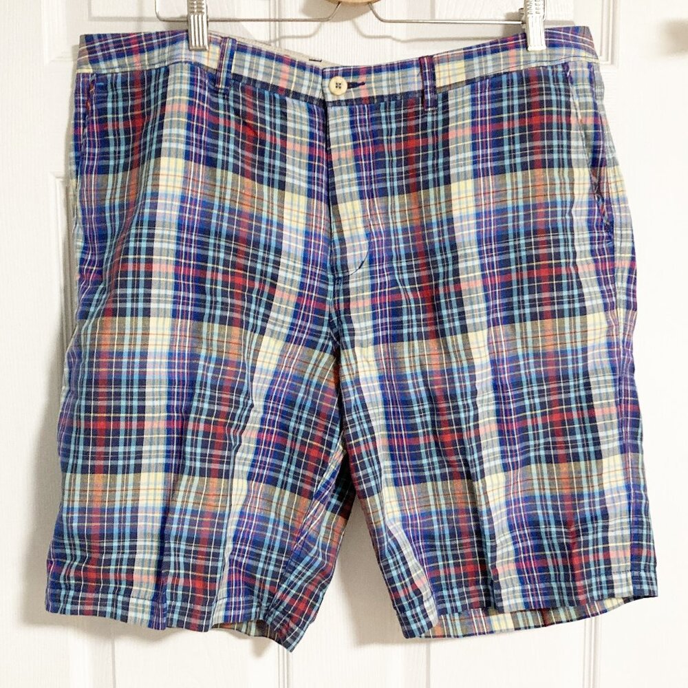 Tommy Bahama Multicolor Plaid Men's Flat Front Shorts Linen Blend Size 38